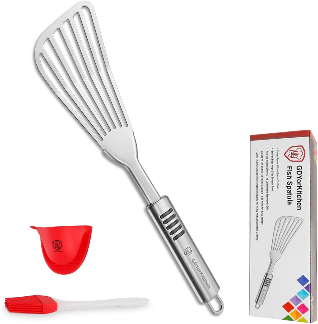 Stainless Steel Fish Spatula with 1.2Mm Thick Blade - Multipurpose Turner for Fish, Eggs, Meat, and Dumplings - Perfect for Grilling, Frying, and More - Bonus Silicone Brush and Oven Mitt - Set of 1