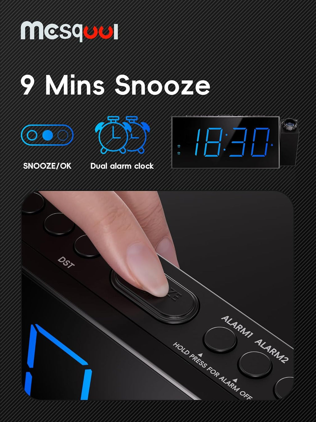Projection Alarm Clock, Loud Vibrating Alarm Clock for Heavy Sleepers, Adjustable Projection Brightness,Hearing Impaired & Deaf People, Digital Alarm Clock with USB Charging Port
