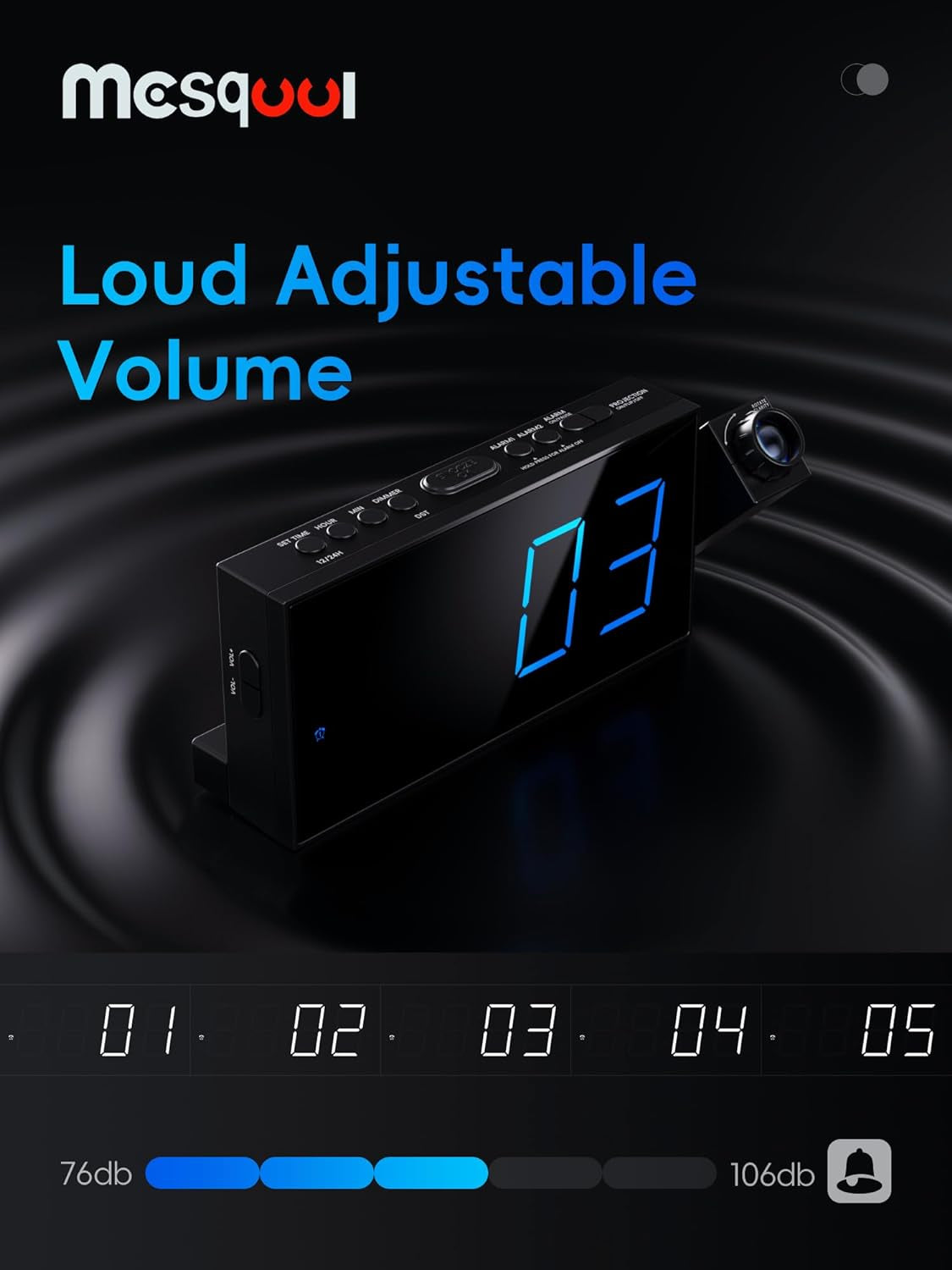 Projection Alarm Clock, Loud Vibrating Alarm Clock for Heavy Sleepers, Adjustable Projection Brightness,Hearing Impaired & Deaf People, Digital Alarm Clock with USB Charging Port