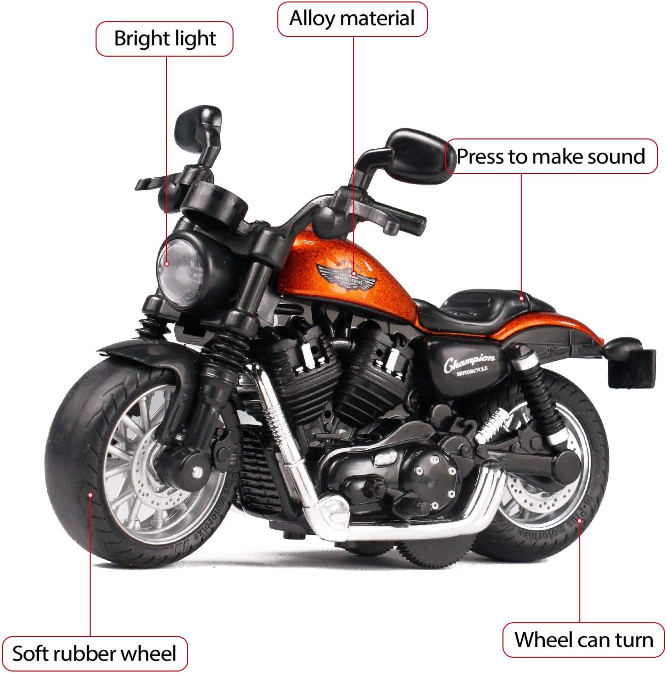 Mini Toy Motorcycle with Sound and Light - Pull Back Action Toy for Toddlers and Boys Ages 3-9 (Orange)