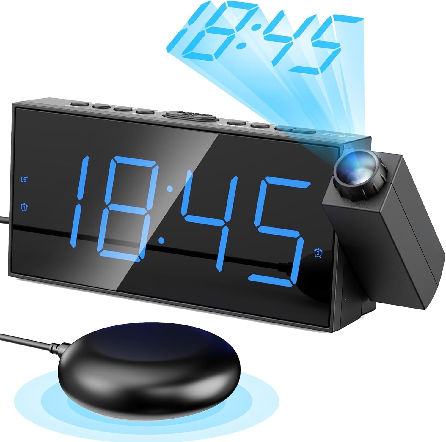 Projection Alarm Clock, Loud Vibrating Alarm Clock for Heavy Sleepers, Adjustable Projection Brightness,Hearing Impaired & Deaf People, Digital Alarm Clock with USB Charging Port