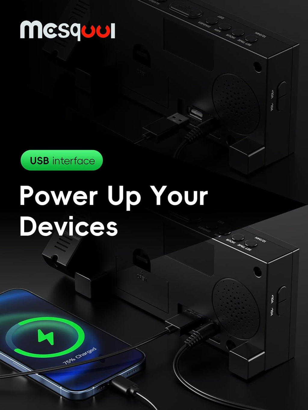 Projection Alarm Clock, Loud Vibrating Alarm Clock for Heavy Sleepers, Adjustable Projection Brightness,Hearing Impaired & Deaf People, Digital Alarm Clock with USB Charging Port