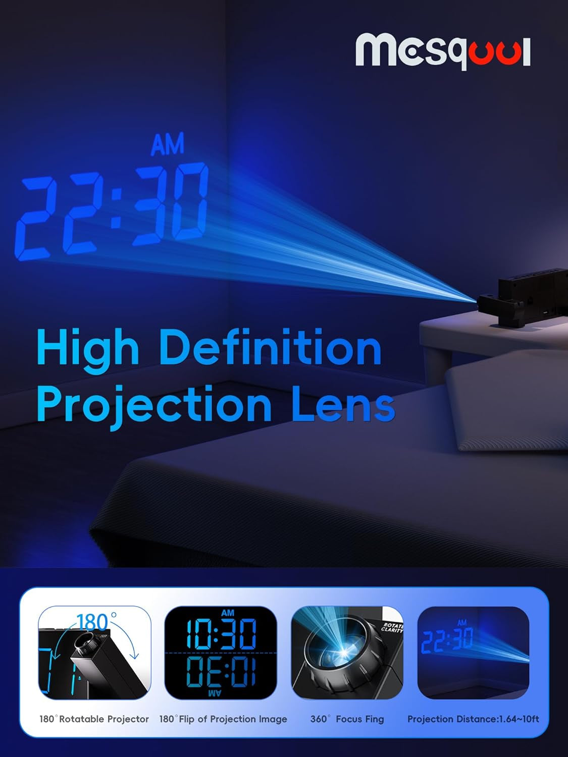 Projection Alarm Clock, Loud Vibrating Alarm Clock for Heavy Sleepers, Adjustable Projection Brightness,Hearing Impaired & Deaf People, Digital Alarm Clock with USB Charging Port