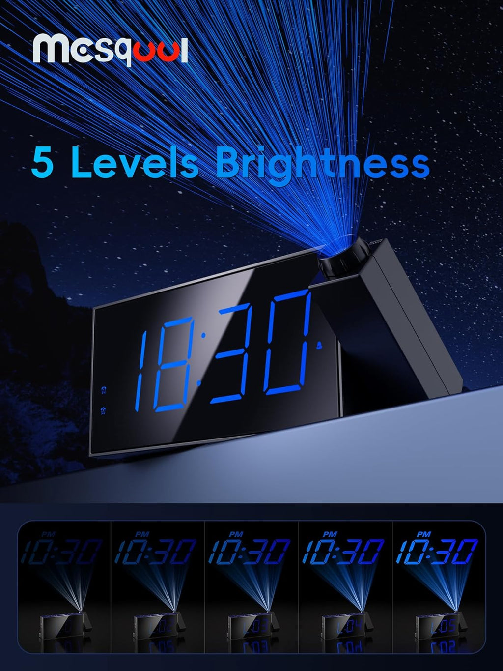 Projection Alarm Clock, Loud Vibrating Alarm Clock for Heavy Sleepers, Adjustable Projection Brightness,Hearing Impaired & Deaf People, Digital Alarm Clock with USB Charging Port