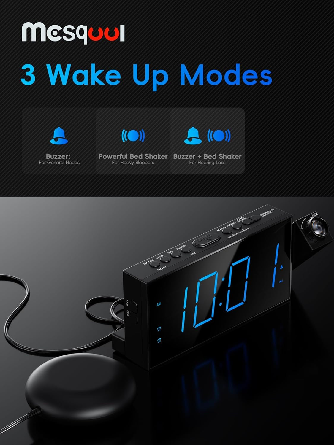 Projection Alarm Clock, Loud Vibrating Alarm Clock for Heavy Sleepers, Adjustable Projection Brightness,Hearing Impaired & Deaf People, Digital Alarm Clock with USB Charging Port